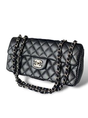 Chanel East West Classic Shoulder Flap Bag Quilted Black Perforated Leather